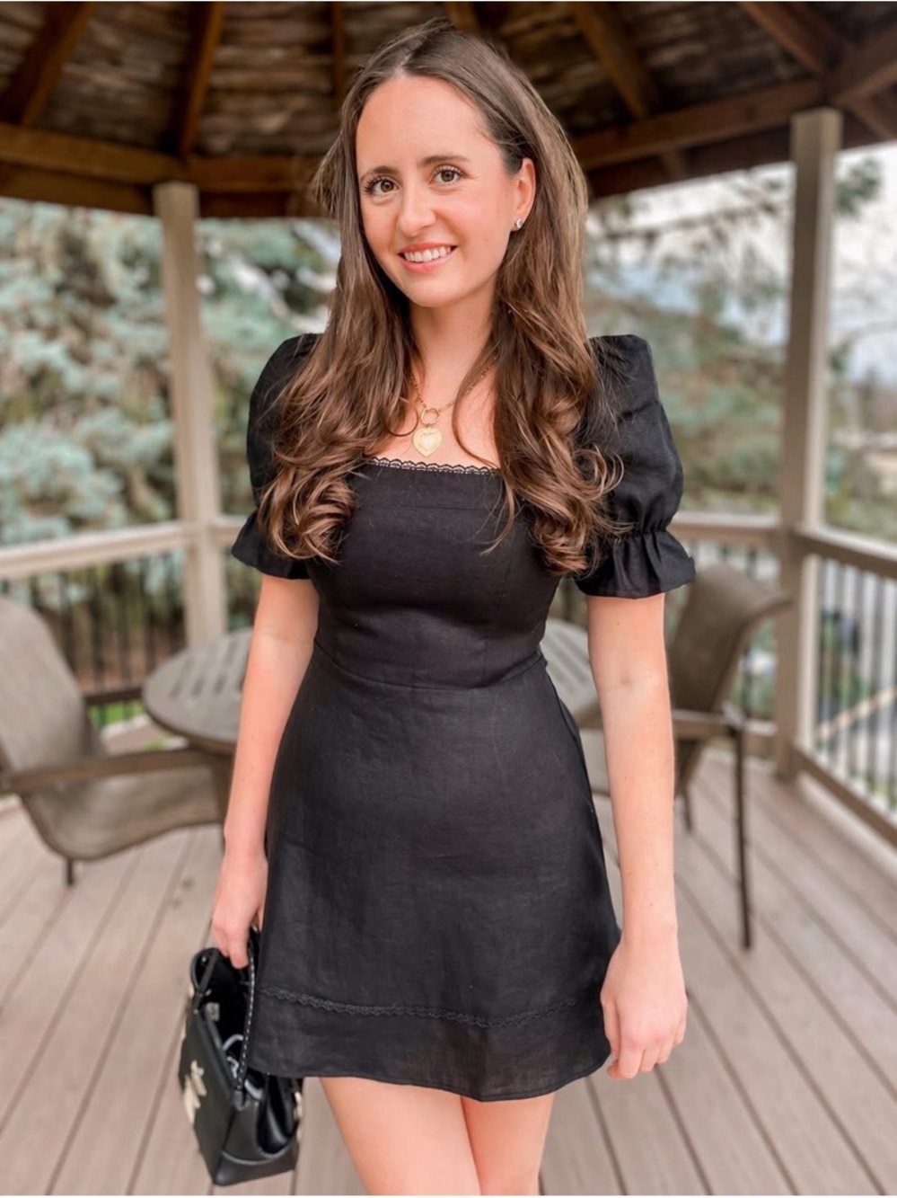 Elegant Black Square-Neck Midi Dress with Puff Sleeves